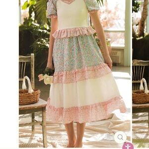 Ivy City Co Cream and Pink Ruffled Tiered Midi Dress